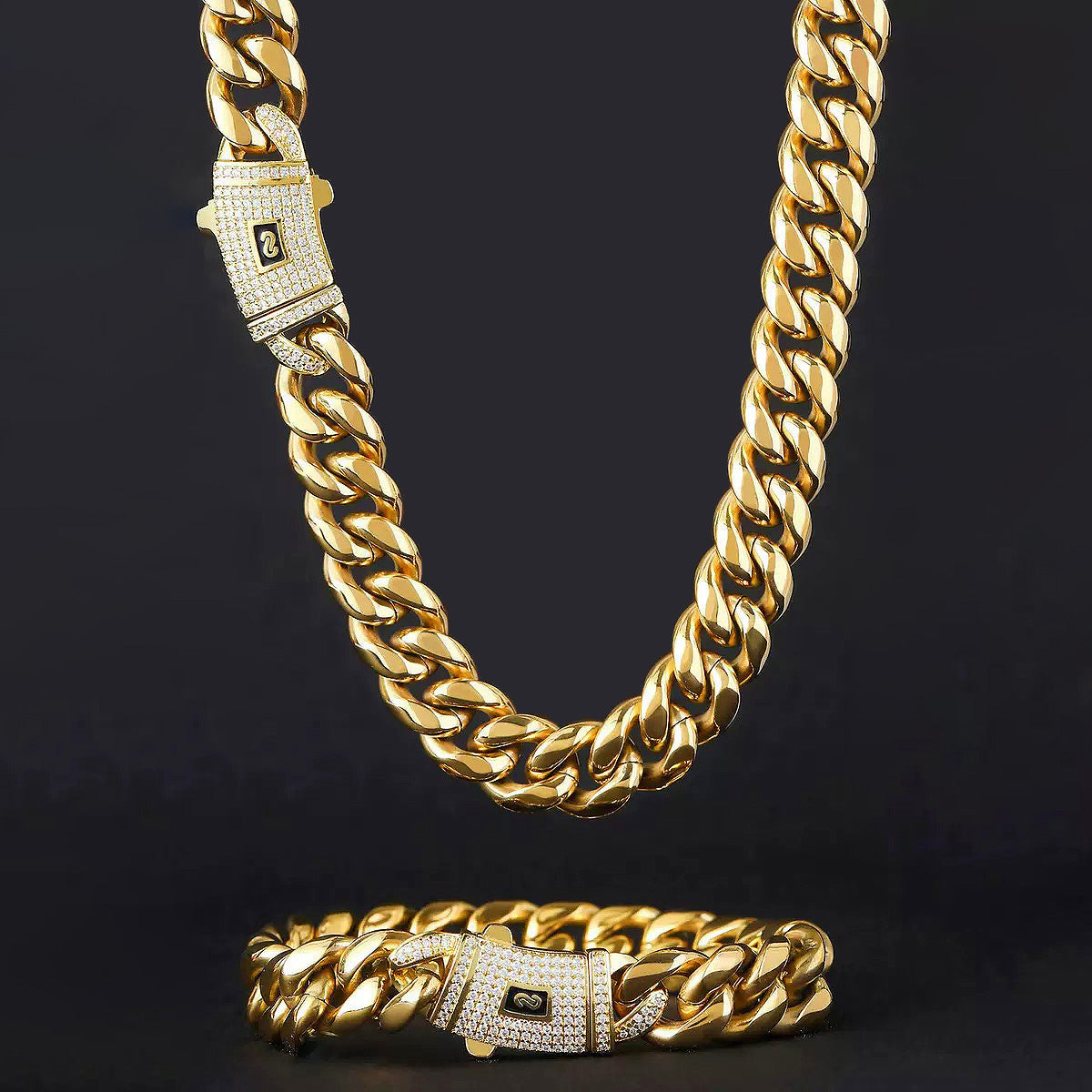 14mm Hip Hop Cuban Link Chain Necklace & Bracelet Set – Gold Plated Heavy Iced Clasp Statement Jewelry for Men