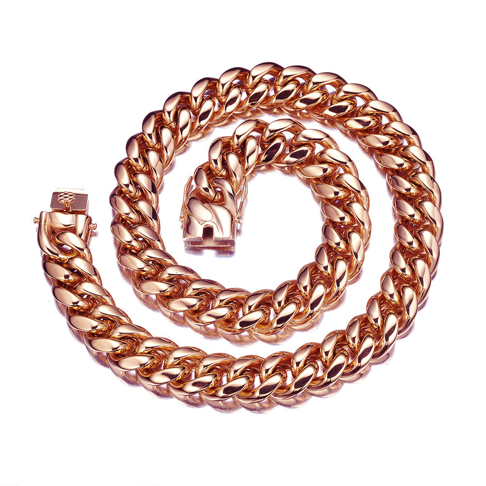 14mm Rose Gold Cuban Link Chain Necklace for Men – Titanium Stainless Steel Hip Hop Statement Necklace, European & American Style