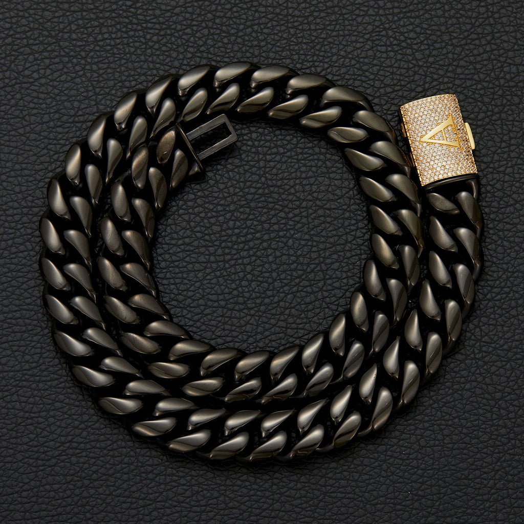 Luxury Iced A-Z Initial Cuban Link Necklace – Black Stainless Steel Hip Hop Chain for Men with Diamond Flip Clasp