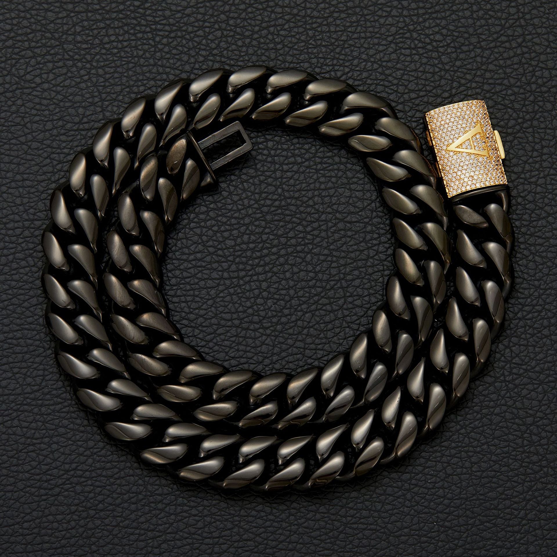 Luxury Iced A-Z Initial Cuban Link Necklace – Black Stainless Steel Hip Hop Chain for Men with Diamond Flip Clasp