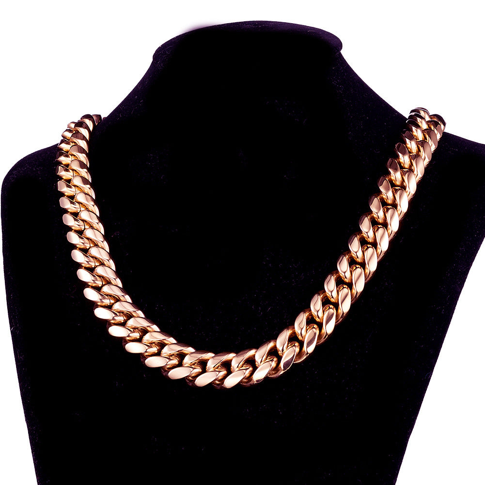 14mm Rose Gold Cuban Link Chain Necklace for Men – Titanium Stainless Steel Hip Hop Statement Necklace, European & American Style