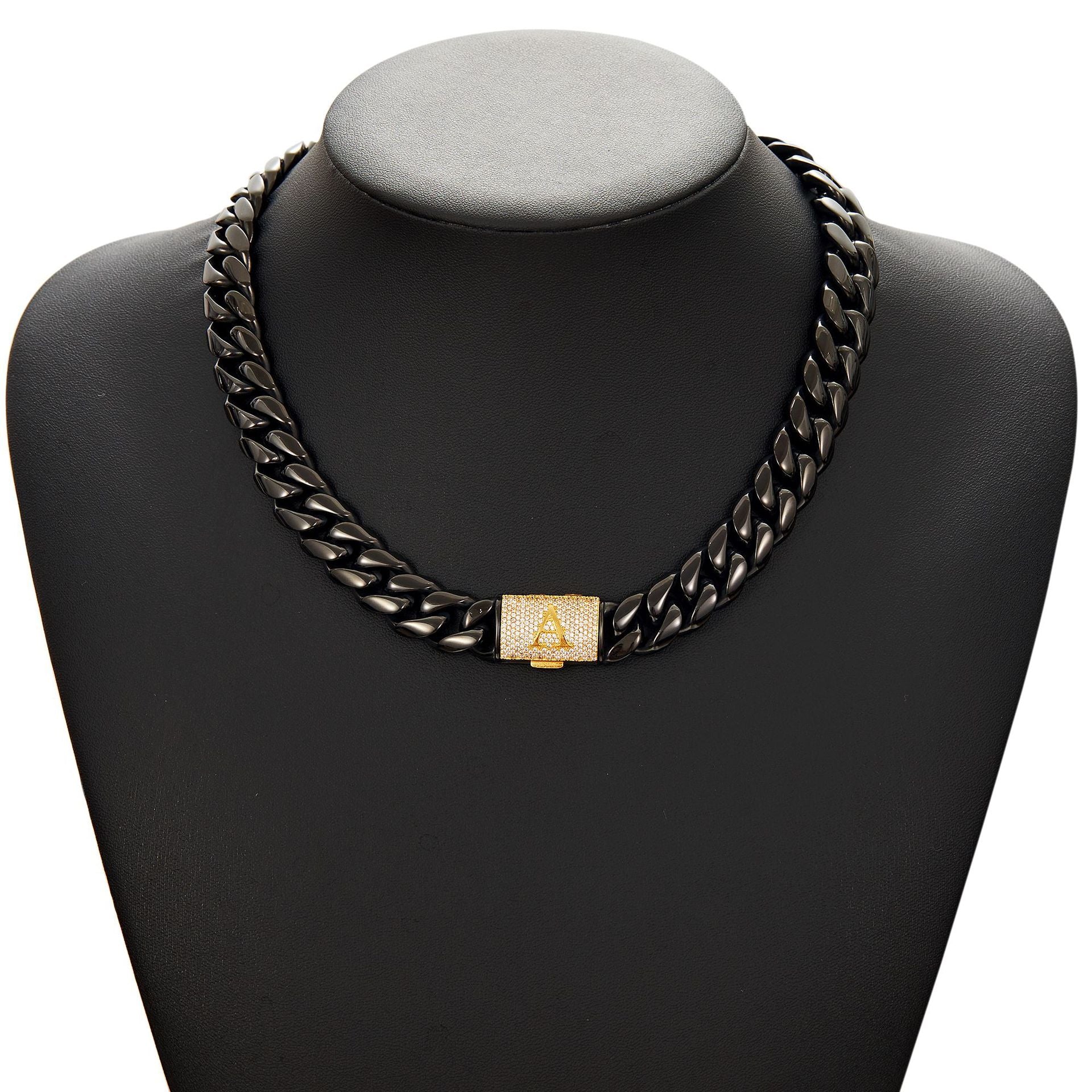 Luxury Iced A-Z Initial Cuban Link Necklace – Black Stainless Steel Hip Hop Chain for Men with Diamond Flip Clasp