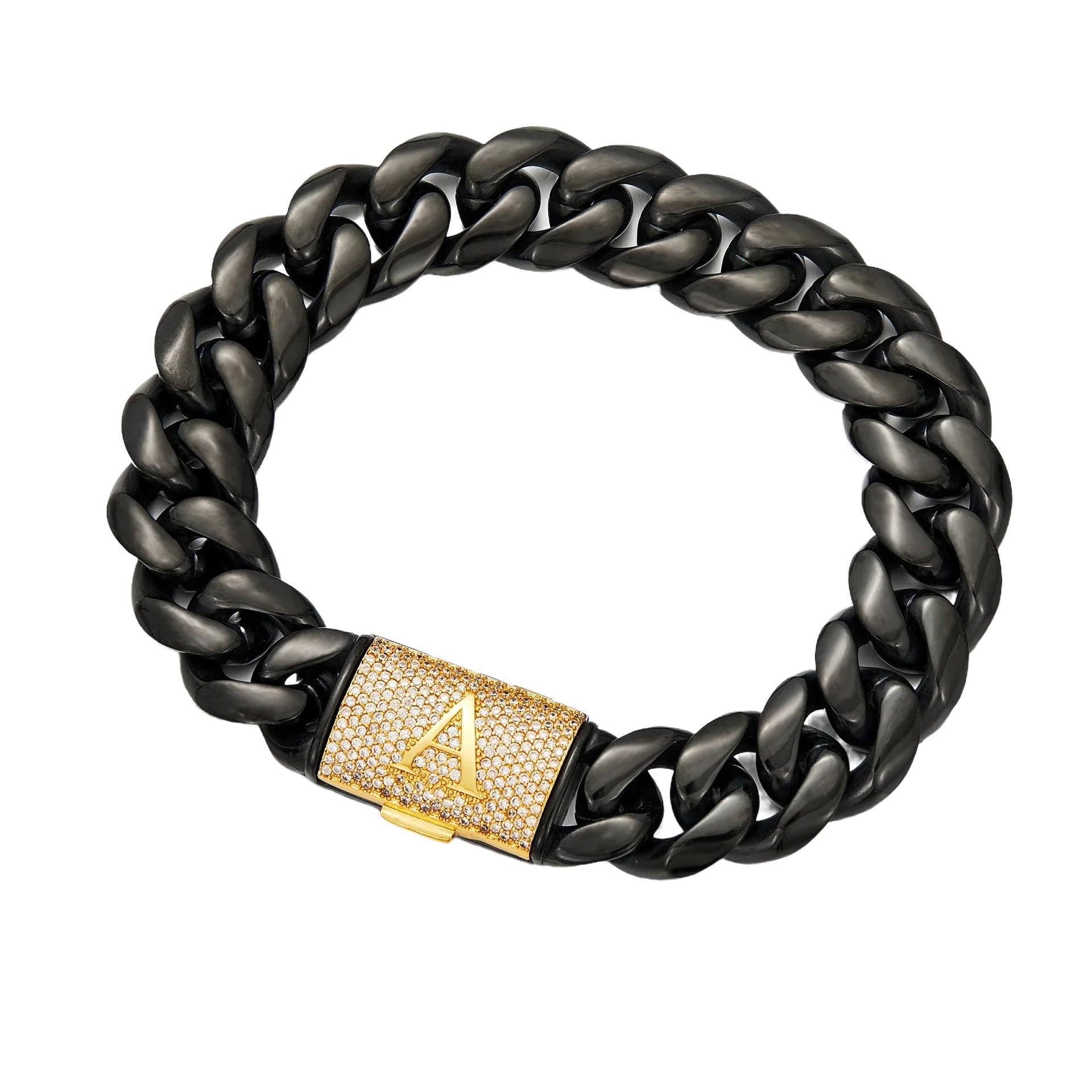 Luxury Iced A-Z Initial Cuban Link Necklace – Black Stainless Steel Hip Hop Chain for Men with Diamond Flip Clasp