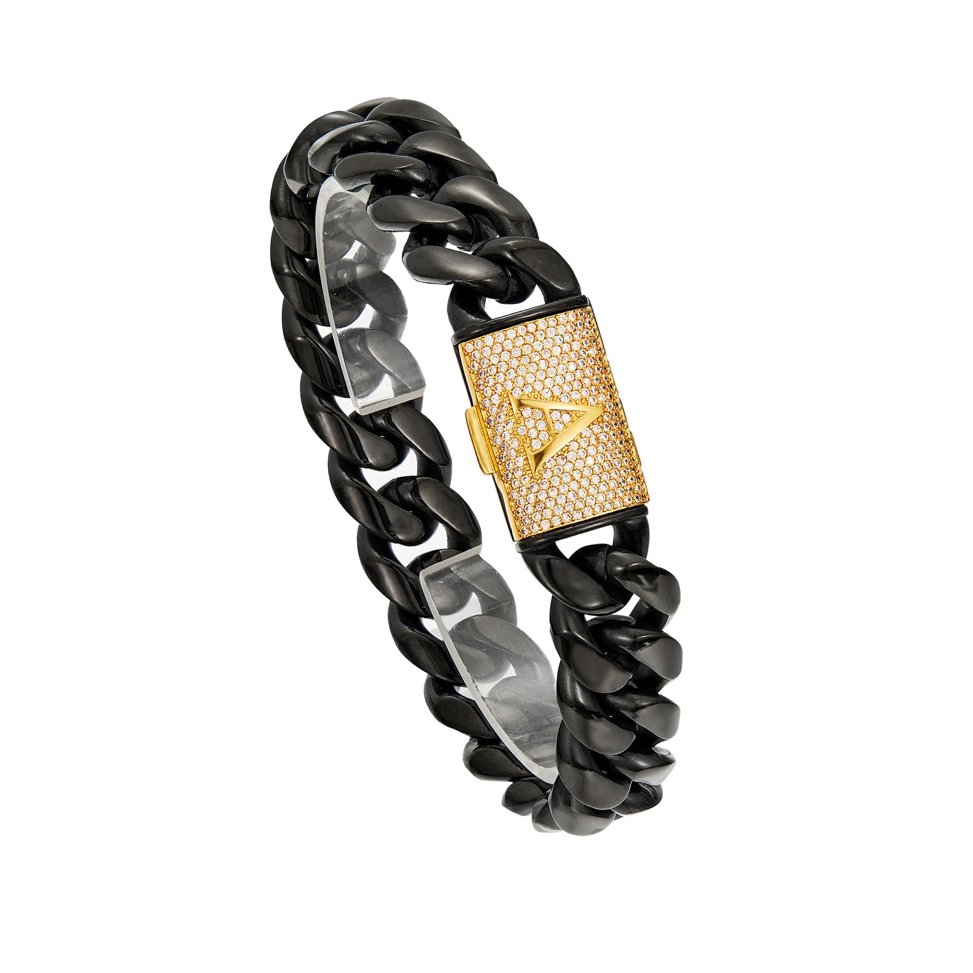 Luxury Iced A-Z Initial Cuban Link Necklace – Black Stainless Steel Hip Hop Chain for Men with Diamond Flip Clasp