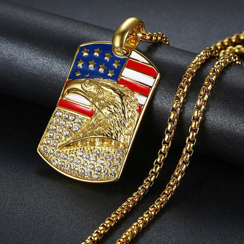 American Flag Eagle Pendant Necklace for Men – Gold Plated Titanium Steel Iced Hip Hop Chain, Patriotic USA Jewelry