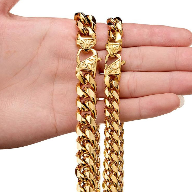 Necklace Stainless Steel Hip Hop With Encrypted Cuban Chain Men Titanium Steel Jewelry 18K Gold Whip
