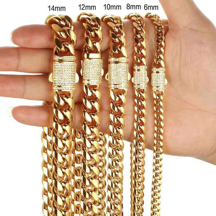 Men's Titanium Steel Necklace Stainless Steel Cuba Chain Gold-Encrypted Ear Drill Buckle Necklace