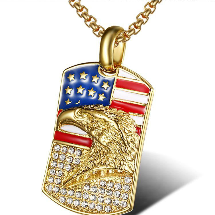American Flag Eagle Pendant Necklace for Men – Gold Plated Titanium Steel Iced Hip Hop Chain, Patriotic USA Jewelry