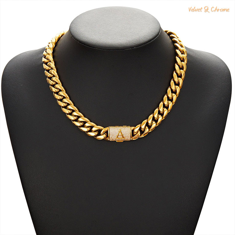 Men’s 14mm Gold Cuban Link Chain – Custom A–Z Initial Flip Clasp Hip Hop Streetwear Necklace