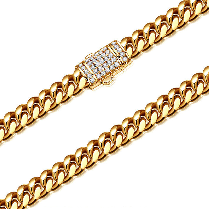 Men's Titanium Steel Necklace Stainless Steel Cuba Chain Gold-Encrypted Ear Drill Buckle Necklace