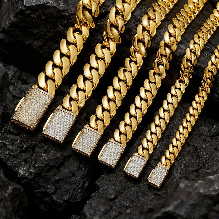 Luxury Hip Hop Miami Cuban Link Chain Set – Stainless Steel Necklace & Bracelet with Iced Flip Clasp for Men