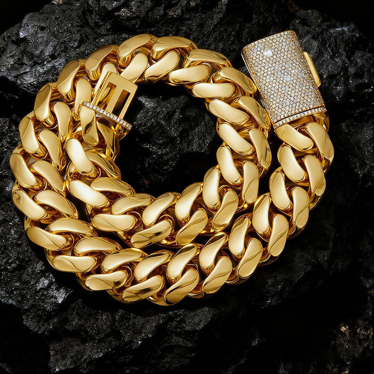 Luxury Hip Hop Miami Cuban Link Chain Set – Stainless Steel Necklace & Bracelet with Iced Flip Clasp for Men