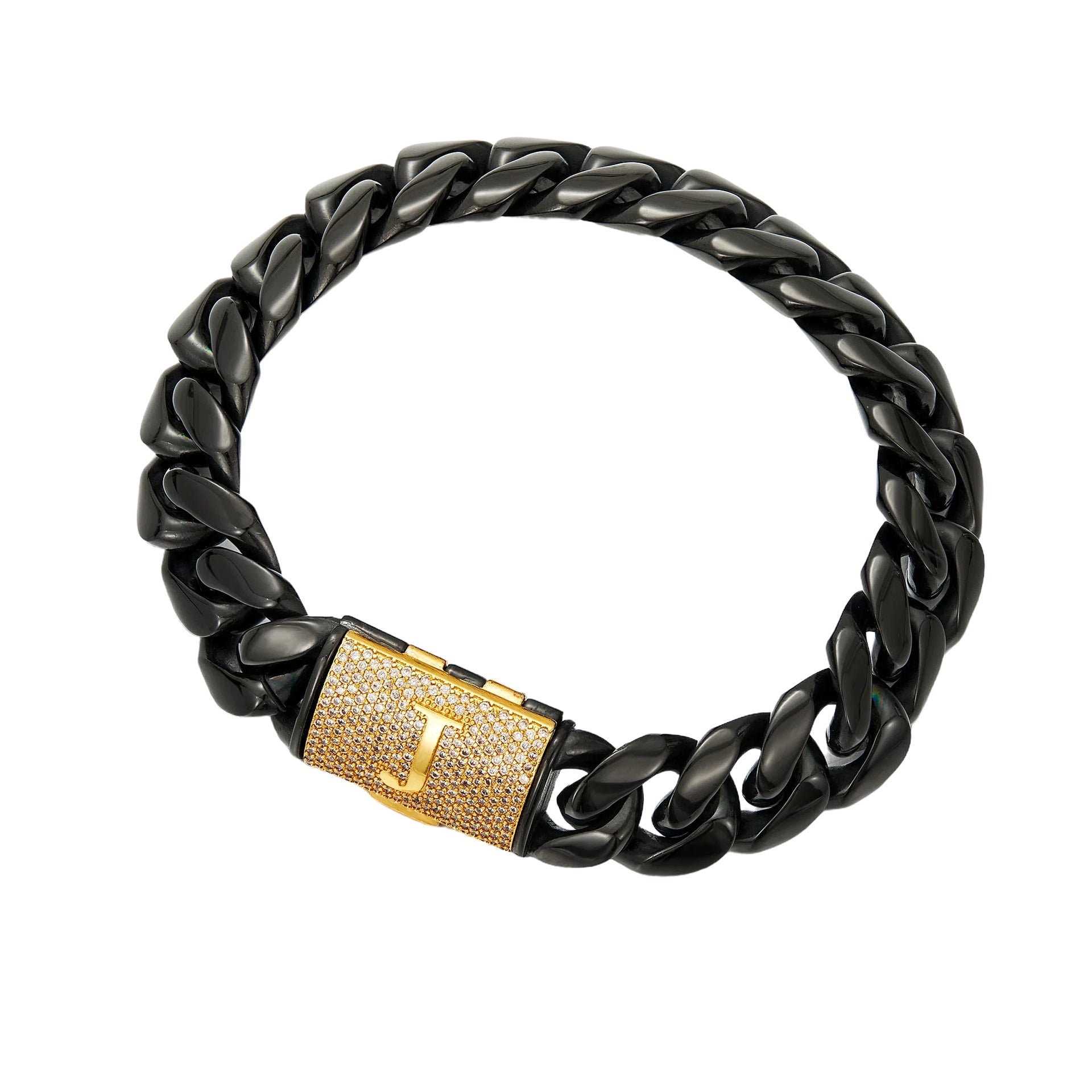 Luxury Iced A-Z Initial Cuban Link Necklace – Black Stainless Steel Hip Hop Chain for Men with Diamond Flip Clasp