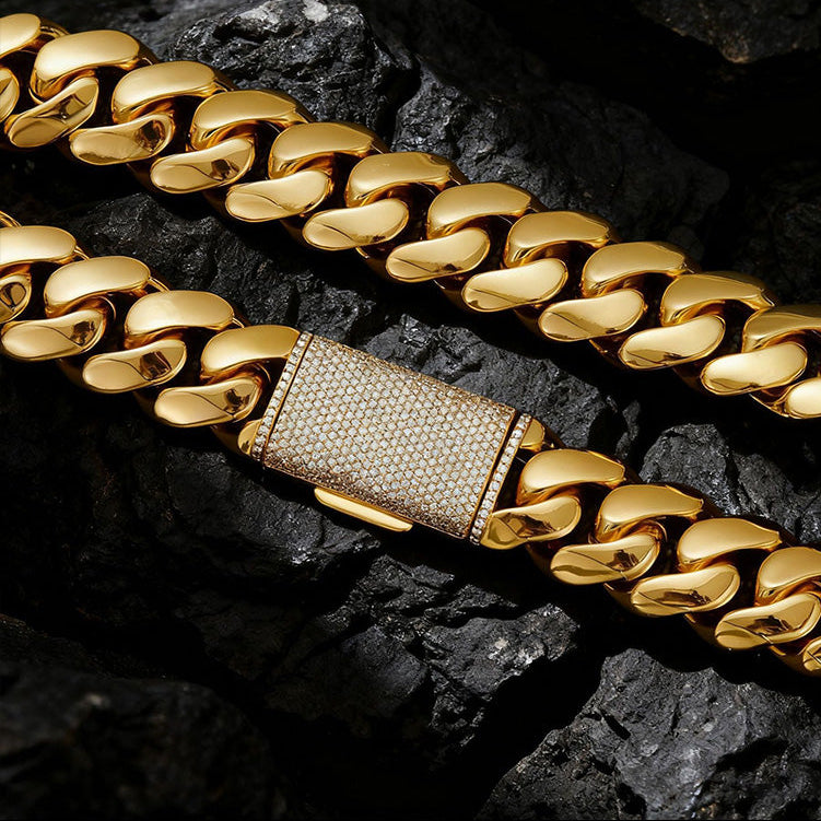 Luxury Hip Hop Miami Cuban Link Chain Set – Stainless Steel Necklace & Bracelet with Iced Flip Clasp for Men