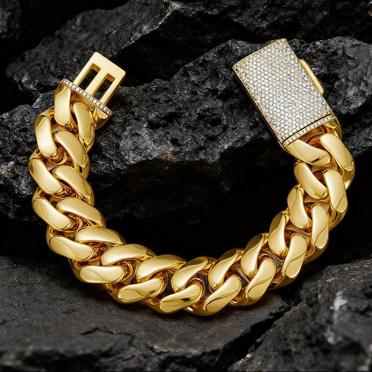 Luxury Hip Hop Miami Cuban Link Chain Set – Stainless Steel Necklace & Bracelet with Iced Flip Clasp for Men