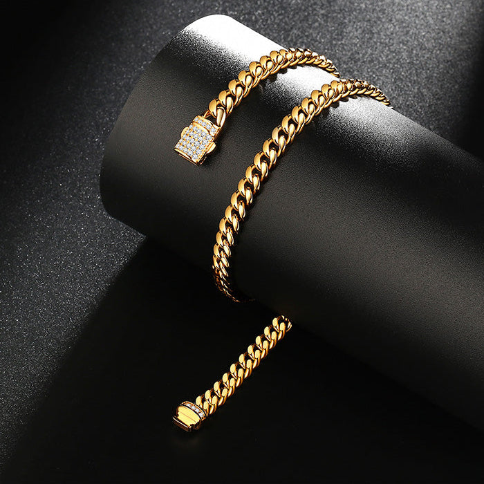Men's Titanium Steel Necklace Stainless Steel Cuba Chain Gold-Encrypted Ear Drill Buckle Necklace