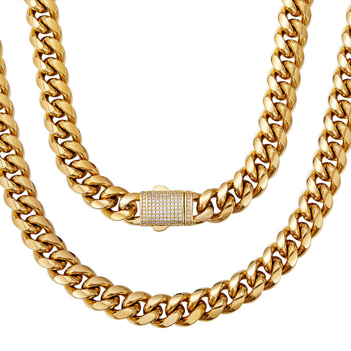 Men's Titanium Steel Necklace Stainless Steel Cuba Chain Gold-Encrypted Ear Drill Buckle Necklace