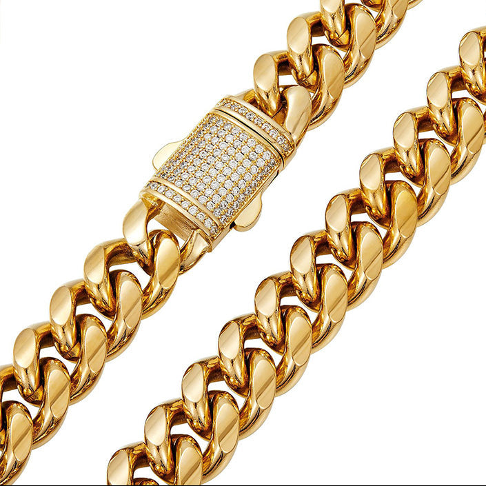 Men's Titanium Steel Necklace Stainless Steel Cuba Chain Gold-Encrypted Ear Drill Buckle Necklace