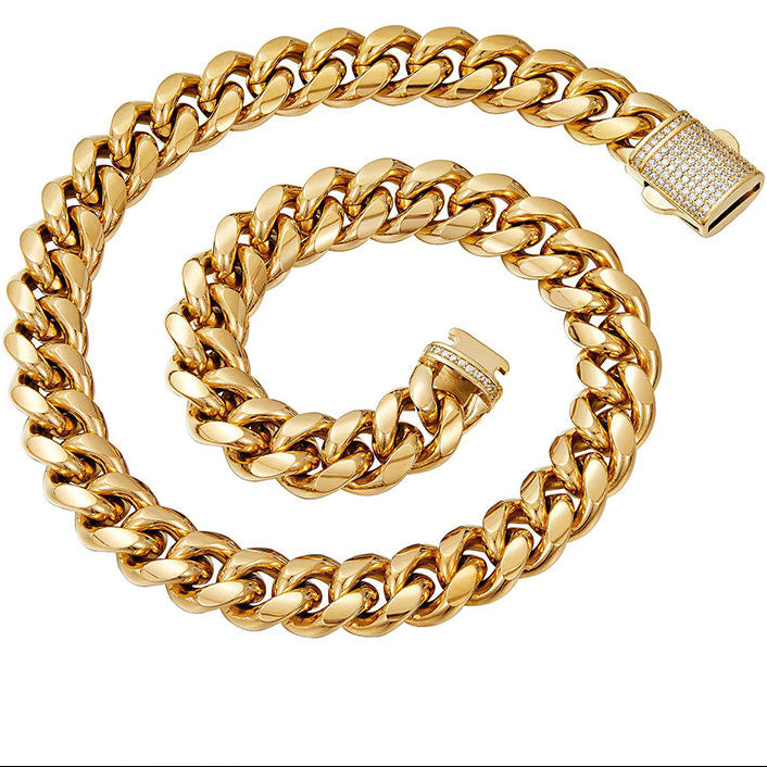 Men's Titanium Steel Necklace Stainless Steel Cuba Chain Gold-Encrypted Ear Drill Buckle Necklace