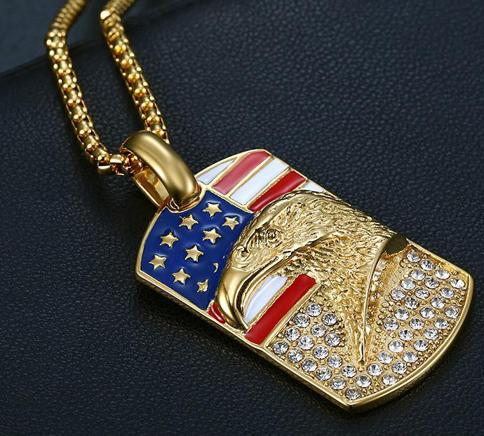 American Flag Eagle Pendant Necklace for Men – Gold Plated Titanium Steel Iced Hip Hop Chain, Patriotic USA Jewelry