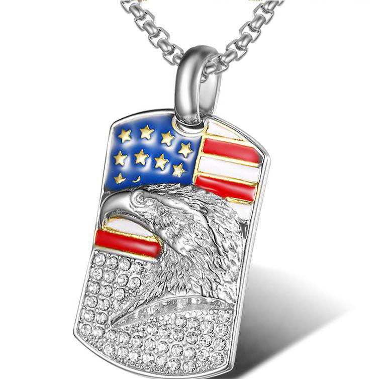American Flag Eagle Pendant Necklace for Men – Gold Plated Titanium Steel Iced Hip Hop Chain, Patriotic USA Jewelry